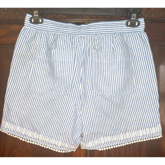 Talbots Womens Blue White Striped Pull On Shorts Embroidered Pom Pom Trim Small - Picture 2 of 3